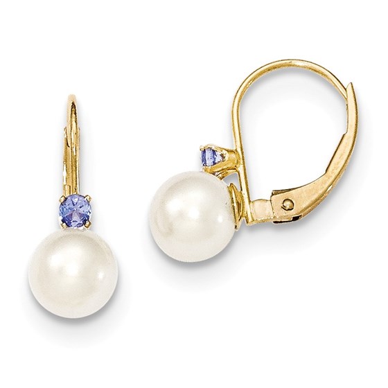 14k 6-6.5 mm Cultured Pearl & .10ct. Tanzanite Leverback Earrings 14k 6-6.5 mm Cultured Pearl & .10ct. Tanzanite Leverback Earrings